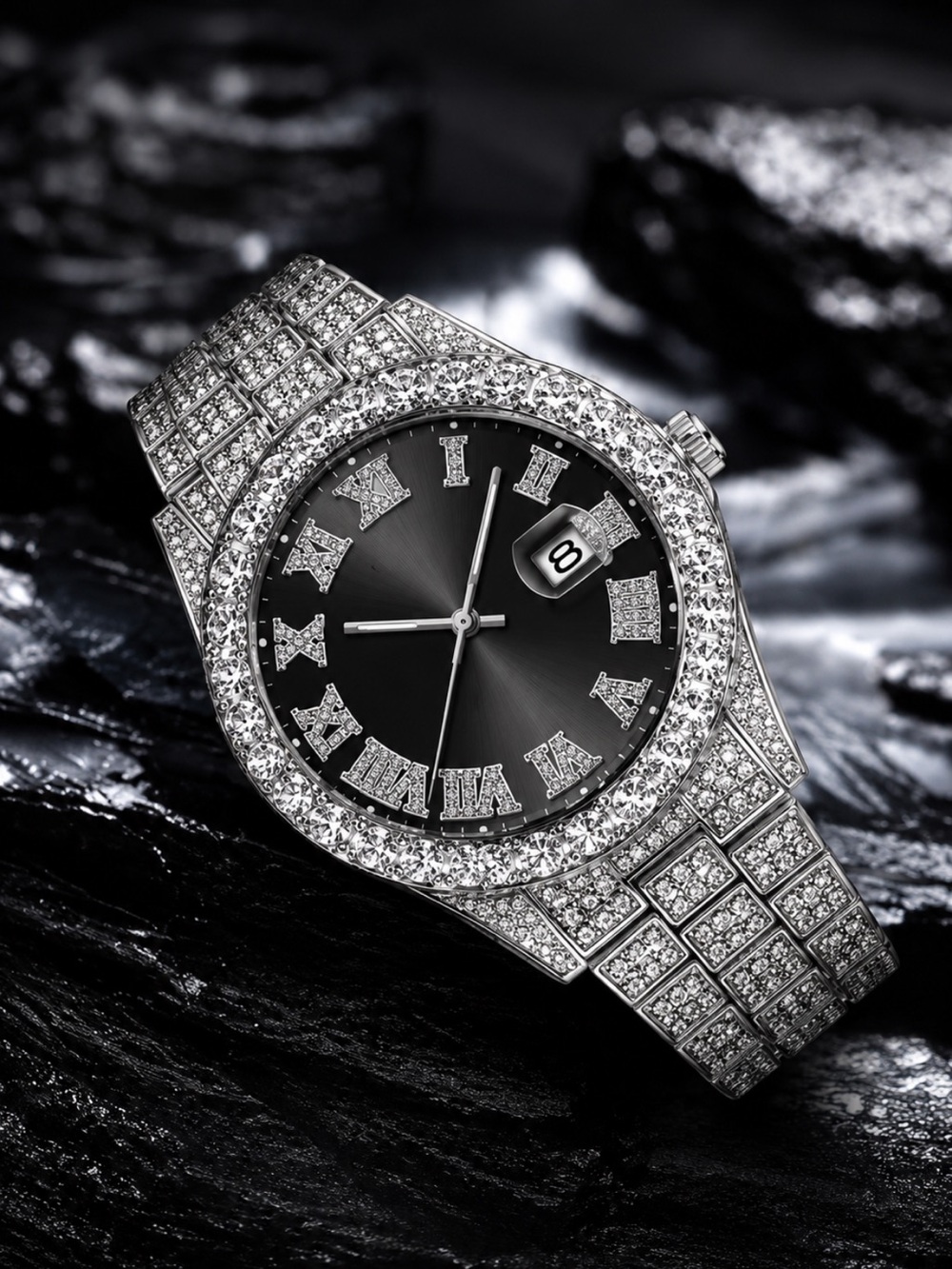 Iced Out Bustdown Watch Black Dial VVS Simulated Diamond Date Hip Hop Steel Lux
